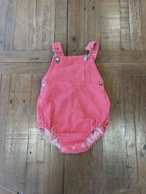 Sal & pimenta red railroad stripe short overalls romper kids 18 months